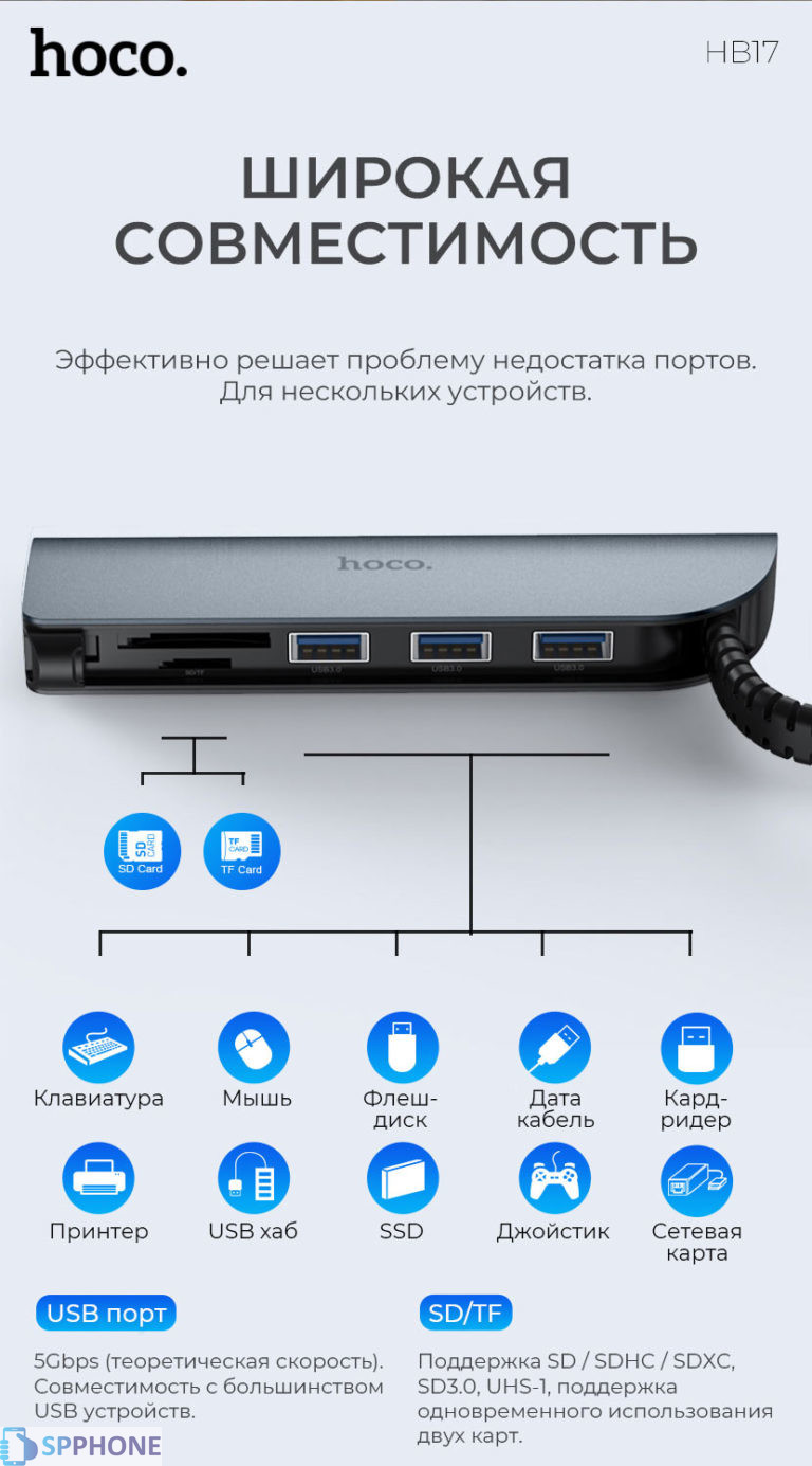 Type-C хаб HB17 Easy connect USB3.0*3 + SD + TF | SP Phone