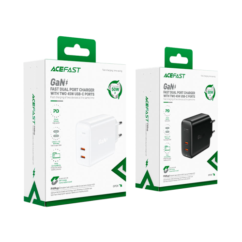 Зарядное устройство Acefas A29 GaN, 2 порта USB-C, PD 50W, быстрая зарядка