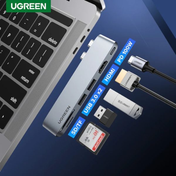 UGREEN CM380 USB-C HUB адаптер 6-в-2, 2xUSB-A 3.0, HDMI 4K@30Hz, SD, TF, USB-C PD 100W — изображение 2