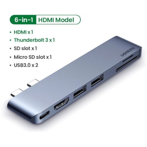 UGREEN CM380 USB-C HUB адаптер 6-в-2, 2xUSB-A 3.0, HDMI 4K@30Hz, SD, TF, USB-C PD 100W