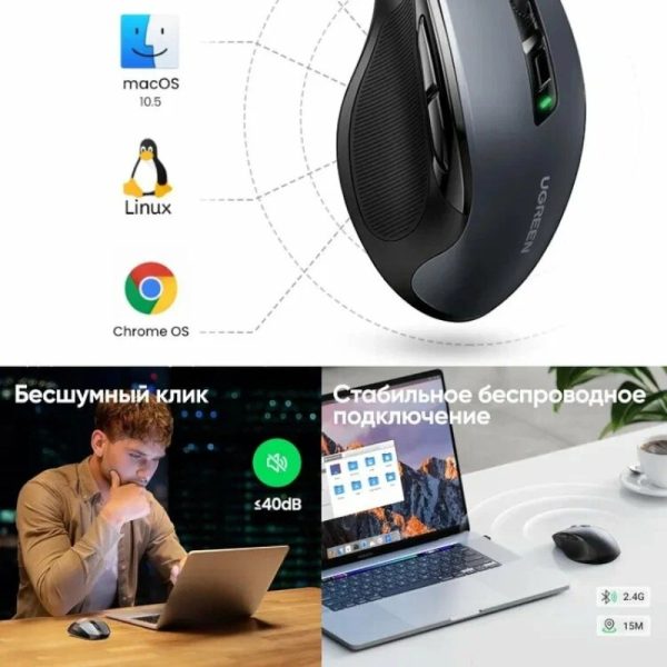 UGREEN - бесшумная эргономичная беспроводная мышь для работы и учёбы (MU-006-90545) — изображение 4