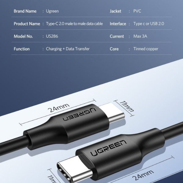 10306 Кабель UGREEN US286 Type-C - Type-C, 60W, цвет: черный, 2M — изображение 6