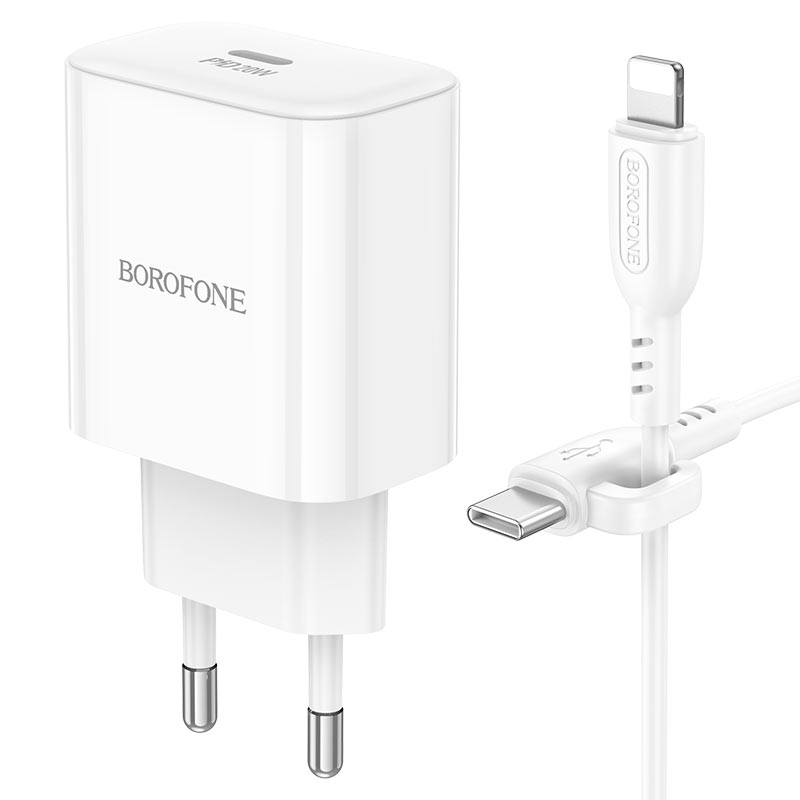 borofone-ba81a-1xport-pd20w-wall-charger-eu-set-usbc-ltn-wire Сетевое зарядное устройство Borofone BA81A 20W + Кабель Type-C на Lightning — изображение 1