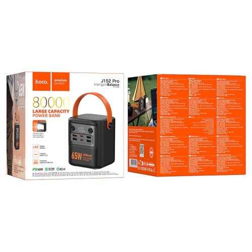Быстрая зарядка. Повербанк Hoco J152 Pro 80000 mAh черный. Powerbank внешний аккумулятор с фонариком для ноутбуков